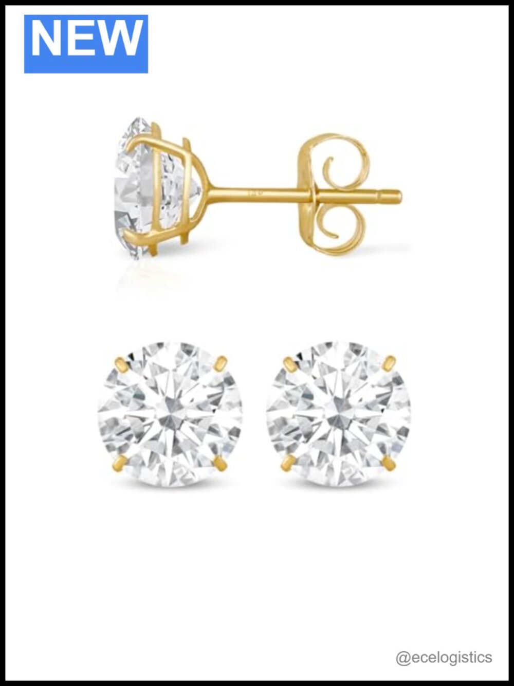 14K Solid Yellow Gold Cubic Zirconia Stud Earrings 8mm Round Cut